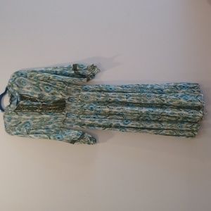 ZARA midi green/blue Spring/Summer dress. Open button front and tossel tie.